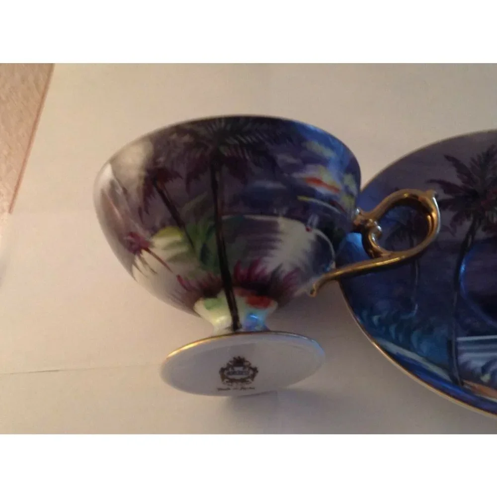 Norcrest Tropical Beach Scene Memory of Java Hand Painted Tea Cup Saucer Japan